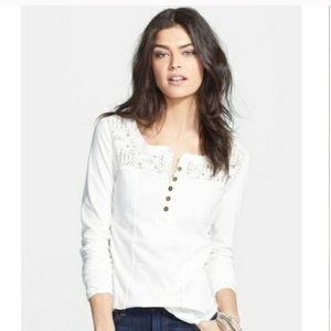 Free People Gold Coast Crochet Lace Henley Top White Size Large
